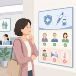 보건소 예방접종 안내문을 보며 대상포진 무료접종 대상 조건을 확인하는 중년 여성