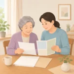 어르신과 보호자가 식탁에서 장기요양 신청 서류와 안내문을 함께 살펴보는 모습