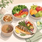 채소, 과일, 통곡물, 견과류, 생선이 함께 담긴 식탁 위 식단 구성