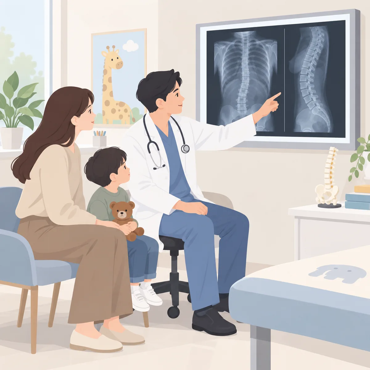 소아 척추 X-ray 영상을 보며 보호자와 상담하는 진료실 장면