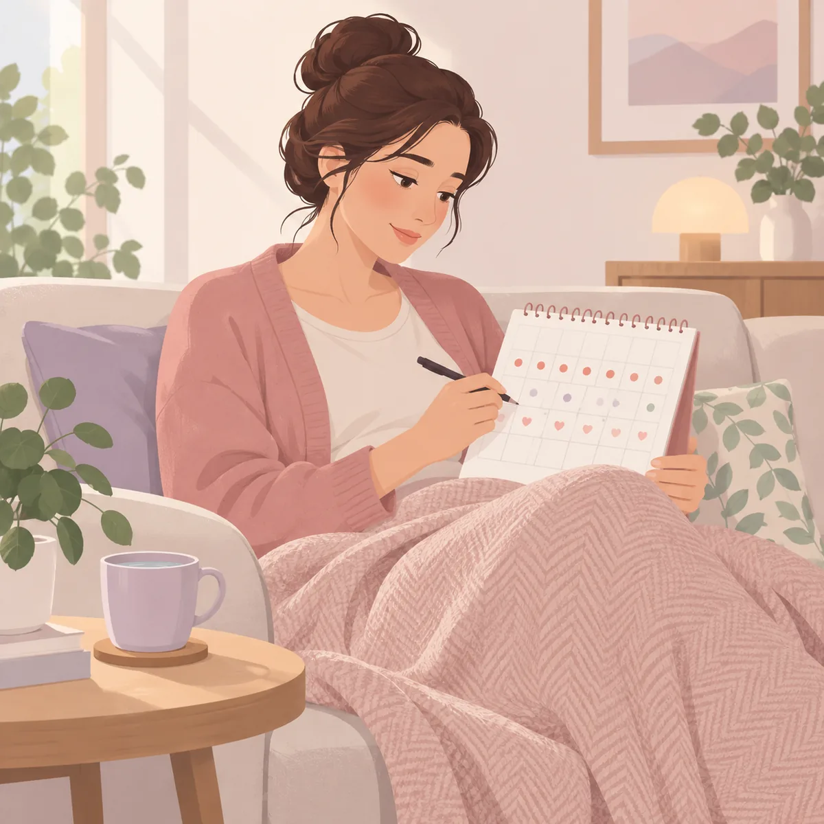 소파수술 후 회복기를 보내는 여성이 달력을 보며 출혈과 통증 변화를 기록하는 모습
