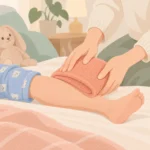 따뜻한 수건을 아이의 종아리에 올려 주는 보호자의 손