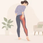 한쪽 다리의 엉덩이에서 허벅지 뒤와 종아리까지 이어지는 통증 부위를 손으로 짚어 보는 모습