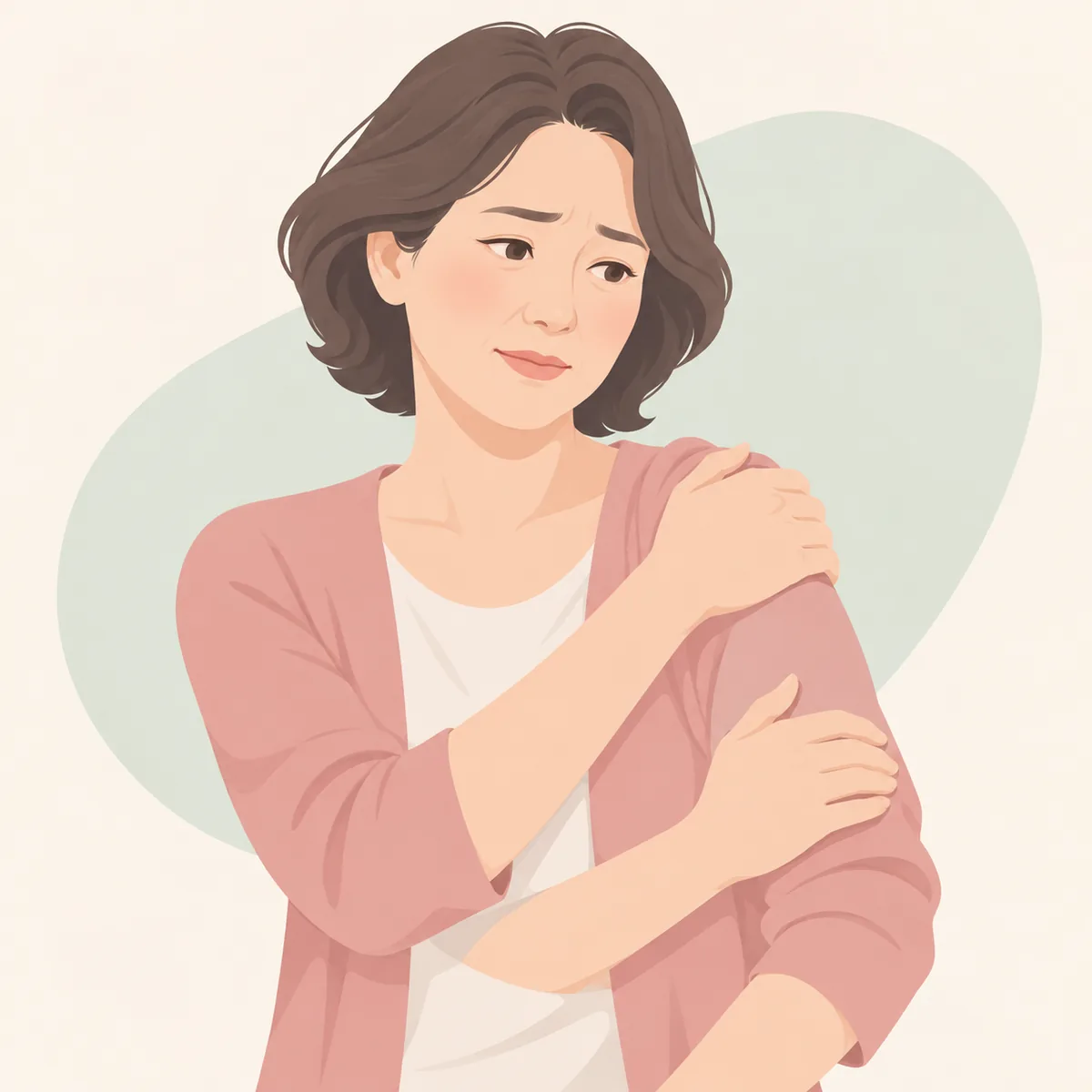 한쪽 어깨를 반대 손으로 감싸 쥐고 팔뚝 위쪽을 문지르는 중년 여성의 상반신