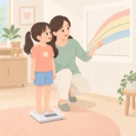 초등학생 아이가 체중계에 서 있고 부모가 성장도표 백분위표를 함께 확인하는 모습