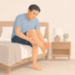 당뇨가 있는 중년 남성이 침대에 앉아 저린 발을 손으로 만지며 살펴보는 모습
