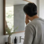 거울 앞에서 한쪽 얼굴 표정을 확인하는 중년 남성의 모습