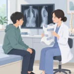 청소년이 진료실에서 척추 엑스레이 영상을 보며 의사에게 척추 측만증 보조기 설명을 듣는 모습