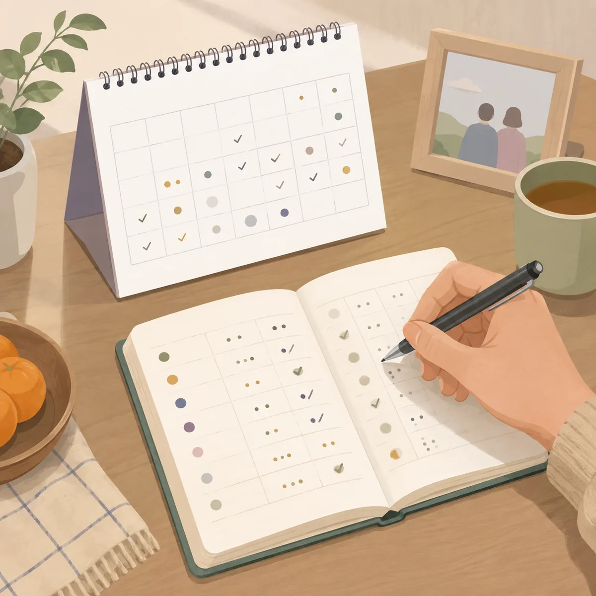 달력이 놓인 식탁에서 부모의 기억력 변화를 날짜와 함께 수첩에 적고 있는 성인 자녀의 손