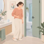 화장실 문 앞에서 아랫배를 짚고 서 있는 사람과 세면대 위 물컵이 함께 보이는 장면