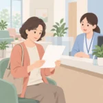중년 여성이 보건소 치매안심센터 상담 창구에서 인지 선별검사 안내지를 받아 보고 있는 장면
