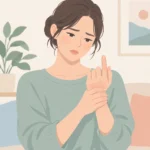 가운데 손가락과 손목을 다른 손으로 감싸 쥐고 통증 부위를 확인하는 모습
