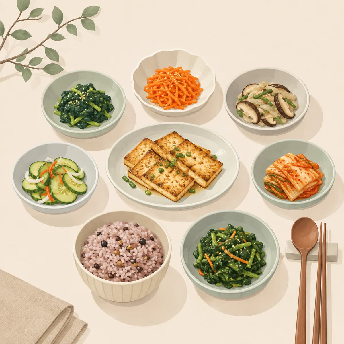 채소 반찬과 단백질 반찬, 잡곡밥이 함께 차려진 한 끼 식사 상차림