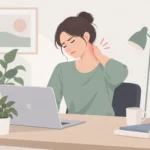 책상 앞에 앉은 사람이 목 뒤쪽을 손으로 감싸며 통증을 느끼는 모습