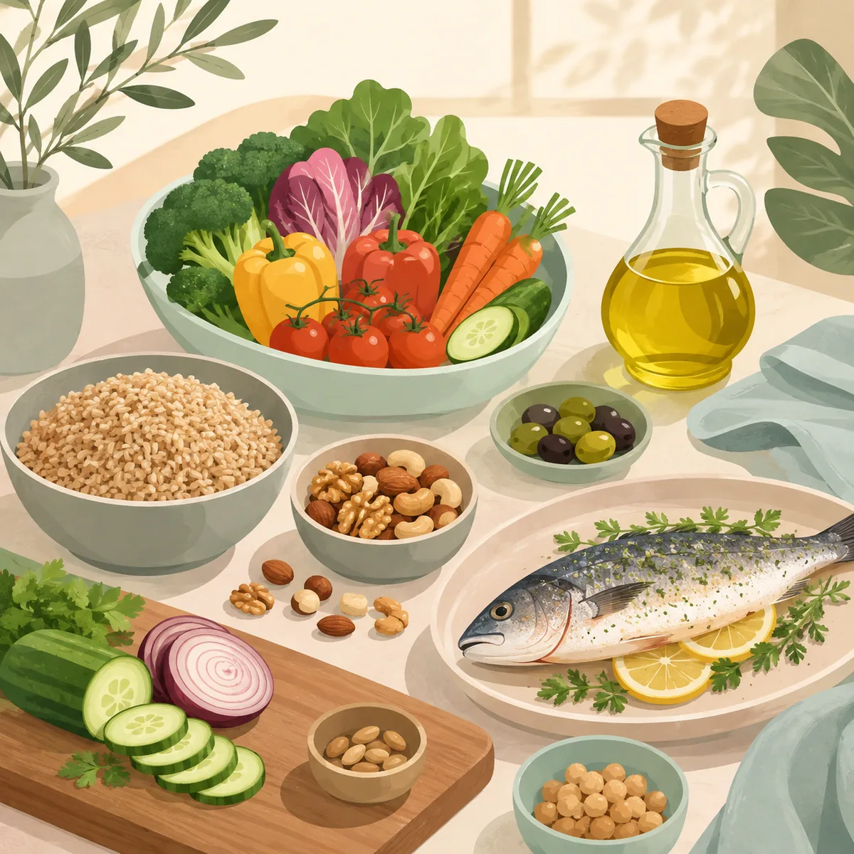채소, 통곡물, 견과류, 생선, 올리브유가 함께 놓인 식탁 위 식사 준비 장면