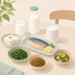 식탁 위에 놓인 우유와 두부, 생선, 채소 반찬 옆에 영양제 통이 함께 놓여 있는 모습