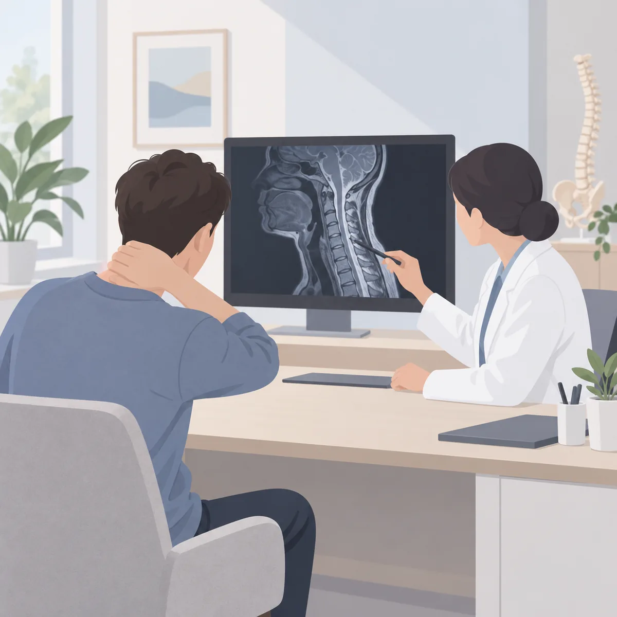 목 통증으로 뒷목을 감싸 쥔 사람이 진료실 책상 앞에서 경추 MRI 영상을 바라보는 장면