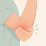팔꿈치 바깥쪽을 반대 손으로 감싸 쥔 사람의 팔 클로즈업