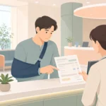병원 원무과 창구에서 어깨 수술 예상 비용 안내문을 손가락으로 짚어가며 항목을 확인하는 환자