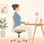 책상 앞에 앉은 사람이 턱을 뒤로 당기며 목 자세를 교정하는 모습