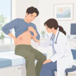 옆구리 피부의 붉은 발진과 통증을 살펴보는 진료실 장면