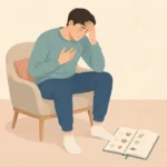 가슴을 손으로 누르며 이마를 짚고 앉아 있는 사람과 옆에 놓인 식사 기록 노트