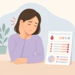 귀를 손으로 감싸며 불편함을 느끼는 사람과 옆에 놓인 혈액 검사 결과지