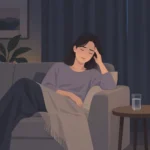 커튼을 내린 어두운 방에서 한쪽 관자놀이를 누르며 소파에 기대 쉬고 있는 사람과 옆 탁자에 놓인 물컵