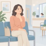 목에 손을 대고 불편한 표정을 짓는 사람이 진료 대기실 의자에 앉아 있는 모습