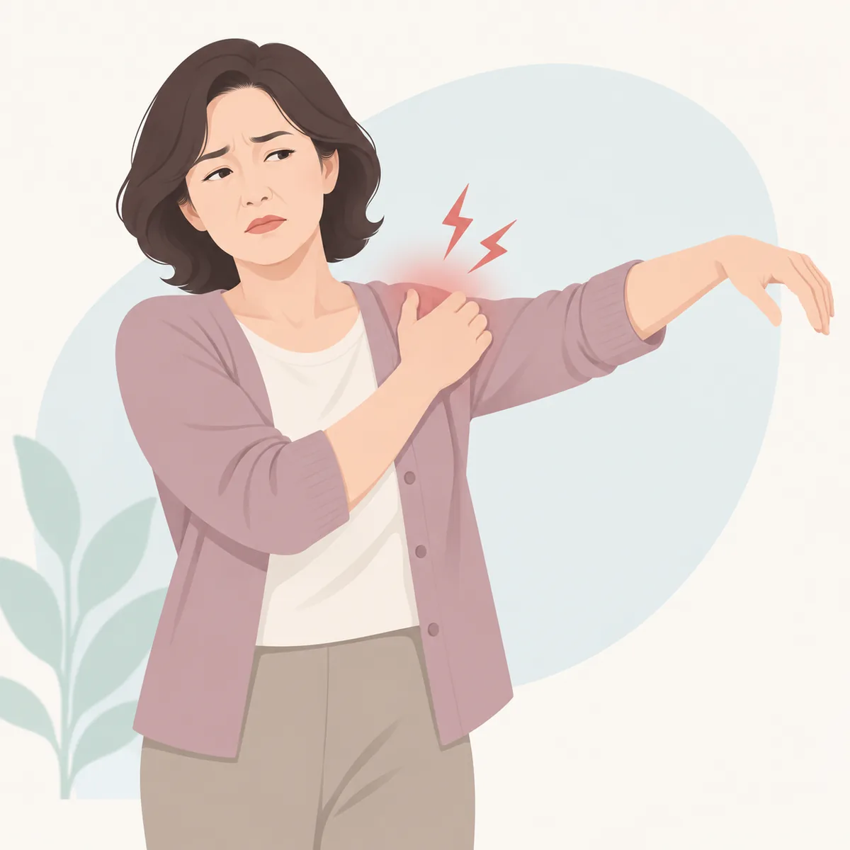 중년 여성이 한쪽 팔을 옆으로 들어 올리다 멈추고 어깨와 팔뚝 위쪽을 감싸 쥐고 있는 모습