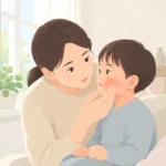 아이 뺨의 붉은 발진을 보호자가 밝은 창가에서 살펴보는 모습