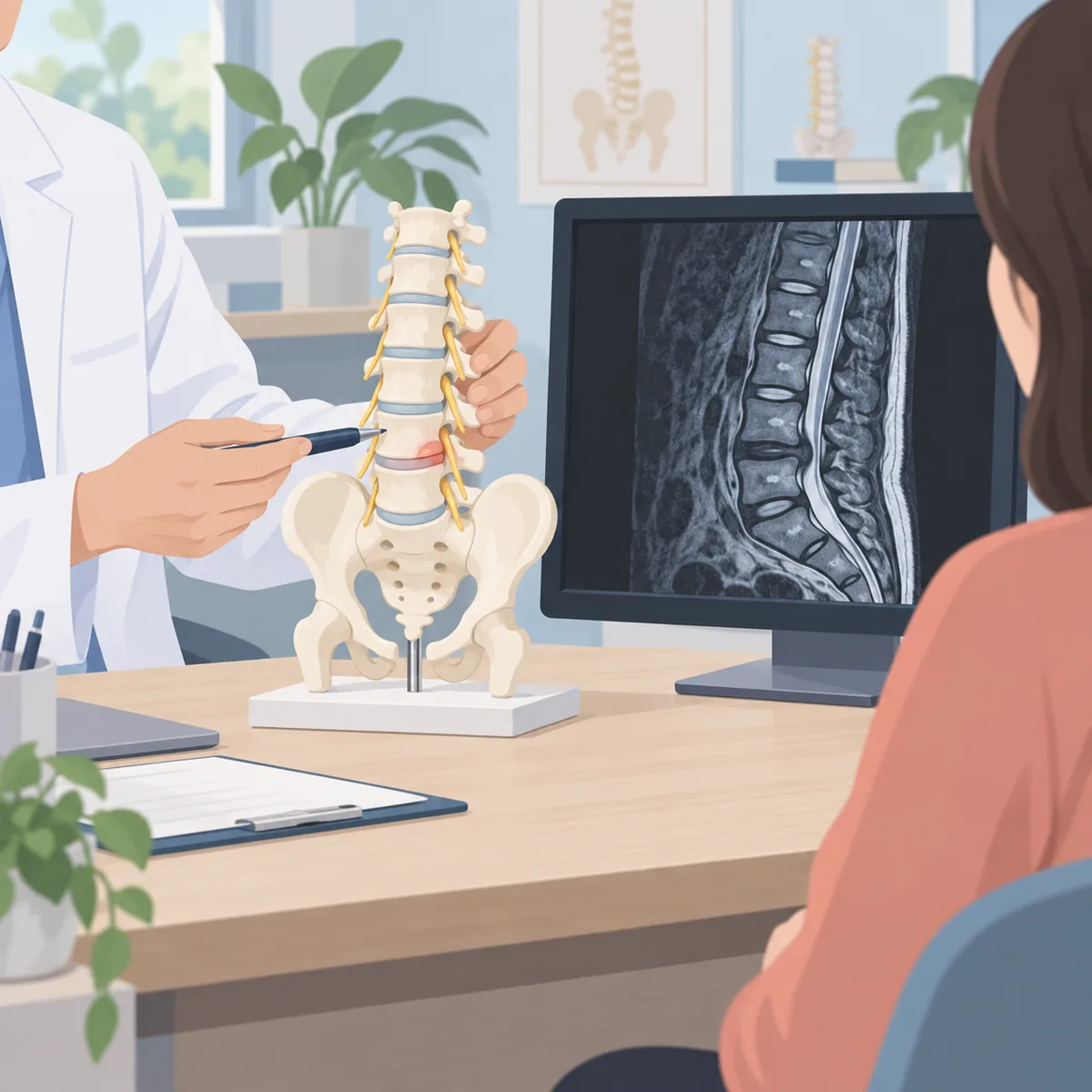 허리 부위 척추 모형과 요추 MRI 영상을 앞에 두고 환자에게 설명하는 의료진의 손과 진료실 책상