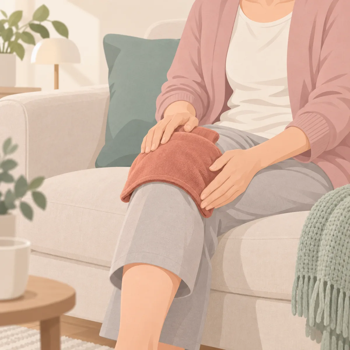 무릎에 온찜질 팩을 올리고 소파에 앉아 있는 중년 여성의 무릎 부위 근접 장면