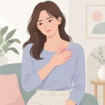 왼쪽 가슴 위쪽을 손으로 짚고 통증 위치를 확인하는 여성