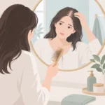 거울 앞에서 가늘어진 머리카락과 빗에 묻은 모발을 살펴보는 성인 여성