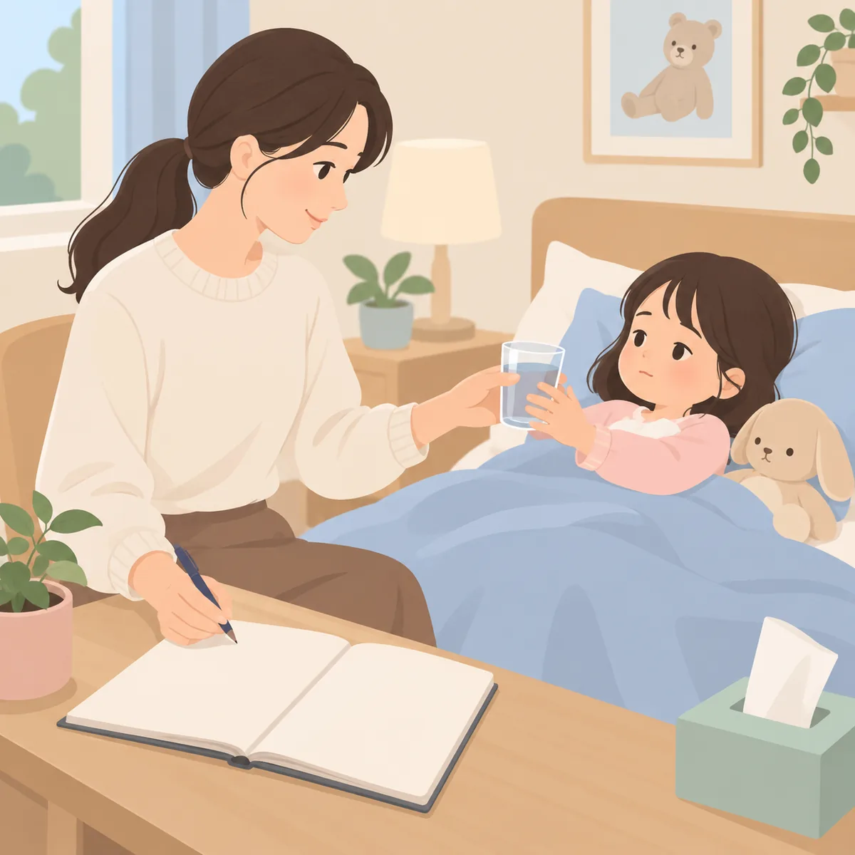 아이 곁에서 물컵을 건네며 메모장에 아이 상태를 기록하는 보호자