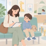 보호자가 소아청소년과 대기실에서 아이 옆에 앉아 예진표를 작성하는 장면