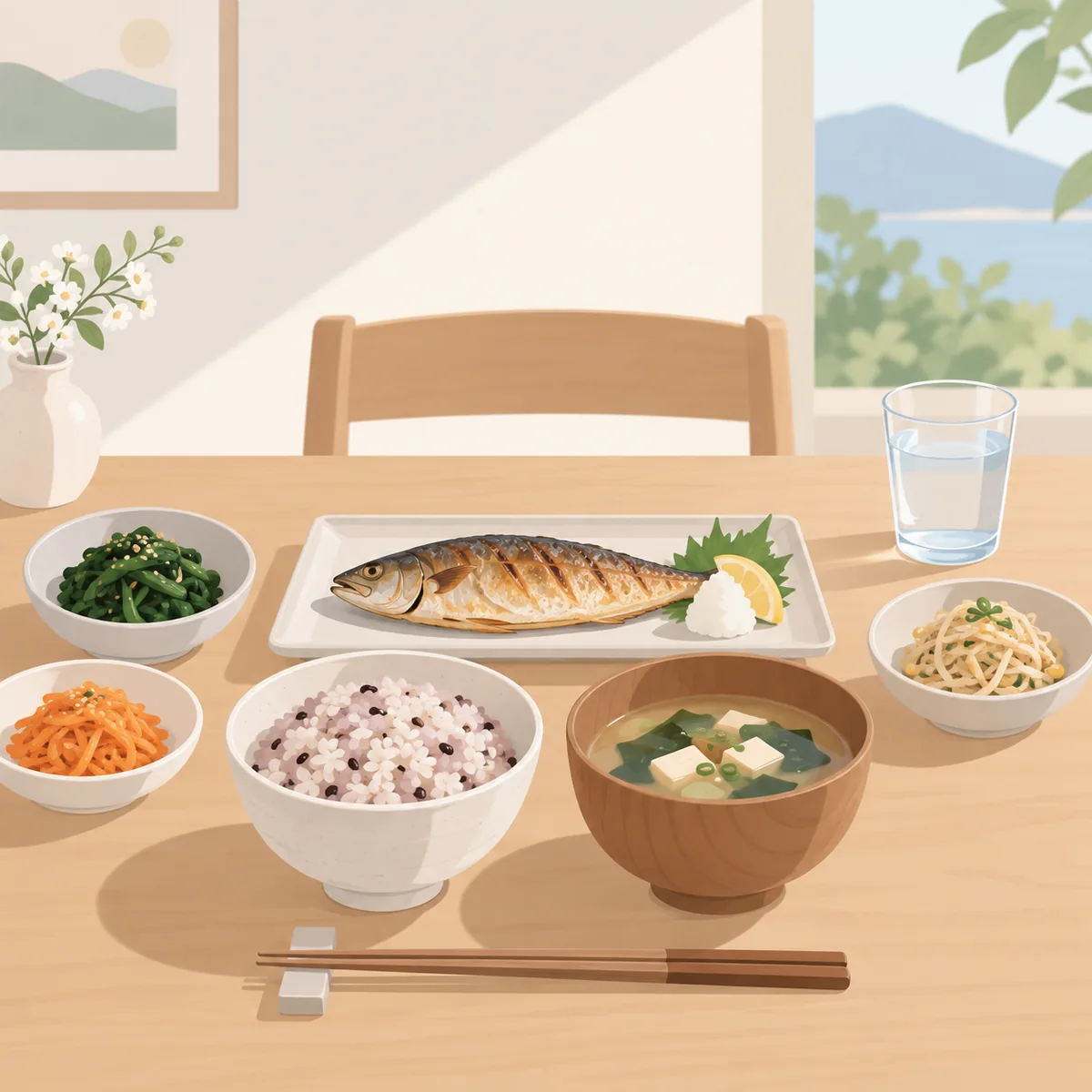 잡곡밥, 생선구이, 나물 반찬과 물 한 잔이 차려진 소박한 식탁