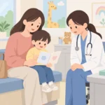 소아청소년과 진료실에서 보호자와 함께 앉아 예방접종 수첩을 펼쳐 보는 아이