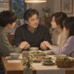 식탁에 마주 앉은 가족이 중년 남성의 손을 잡고 조용히 대화하는 장면