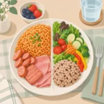 접시 한쪽에 놓인 라면과 가공육, 다른 쪽에 놓인 채소와 통곡물 밥을 비교해 보여주는 식탁 사진
