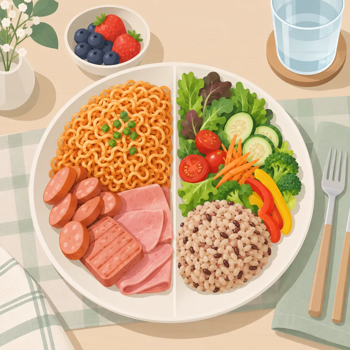 접시 한쪽에 놓인 라면과 가공육, 다른 쪽에 놓인 채소와 통곡물 밥을 비교해 보여주는 식탁 사진