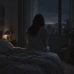 새벽 어두운 침실에서 잠들지 못한 채 침대 가장자리에 앉아 있는 사람의 뒷모습