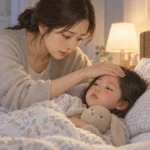 열이 나는 아이의 이마를 손으로 짚어 보는 보호자