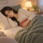 담요를 덮고 옆으로 누워 아랫배에 핫팩을 대고 쉬는 여성