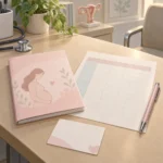 산부인과 상담 책상에 놓인 임신부 수첩과 예방접종 기록 용지, 펜과 진료 카드