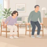 거실에서 의자를 잡고 앉았다 일어서기 동작을 하는 중년 남녀