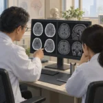 병원 진료실에서 의료진이 뇌 CT와 MRI 영상이 띄워진 모니터를 보며 검사 내용을 살펴보는 장면
