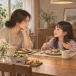 식탁에 마주 앉은 보호자와 초등학생 아이가 접시를 앞에 두고 편안하게 이야기를 나누는 모습