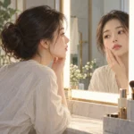 밝은 거울 앞에서 한쪽 얼굴을 살펴보며 표정을 확인하는 사람의 옆모습